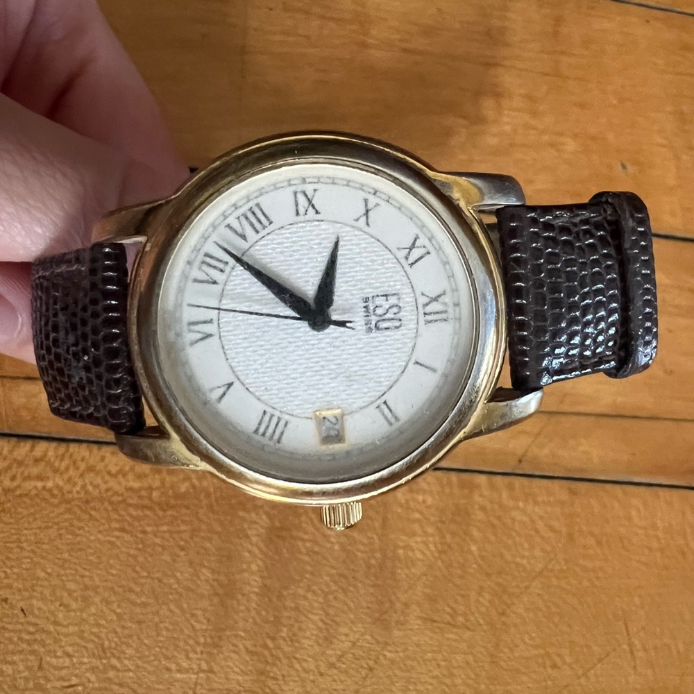 ESQ Swiss Gold and Brown Roman Numeral Watch with Leather Strap